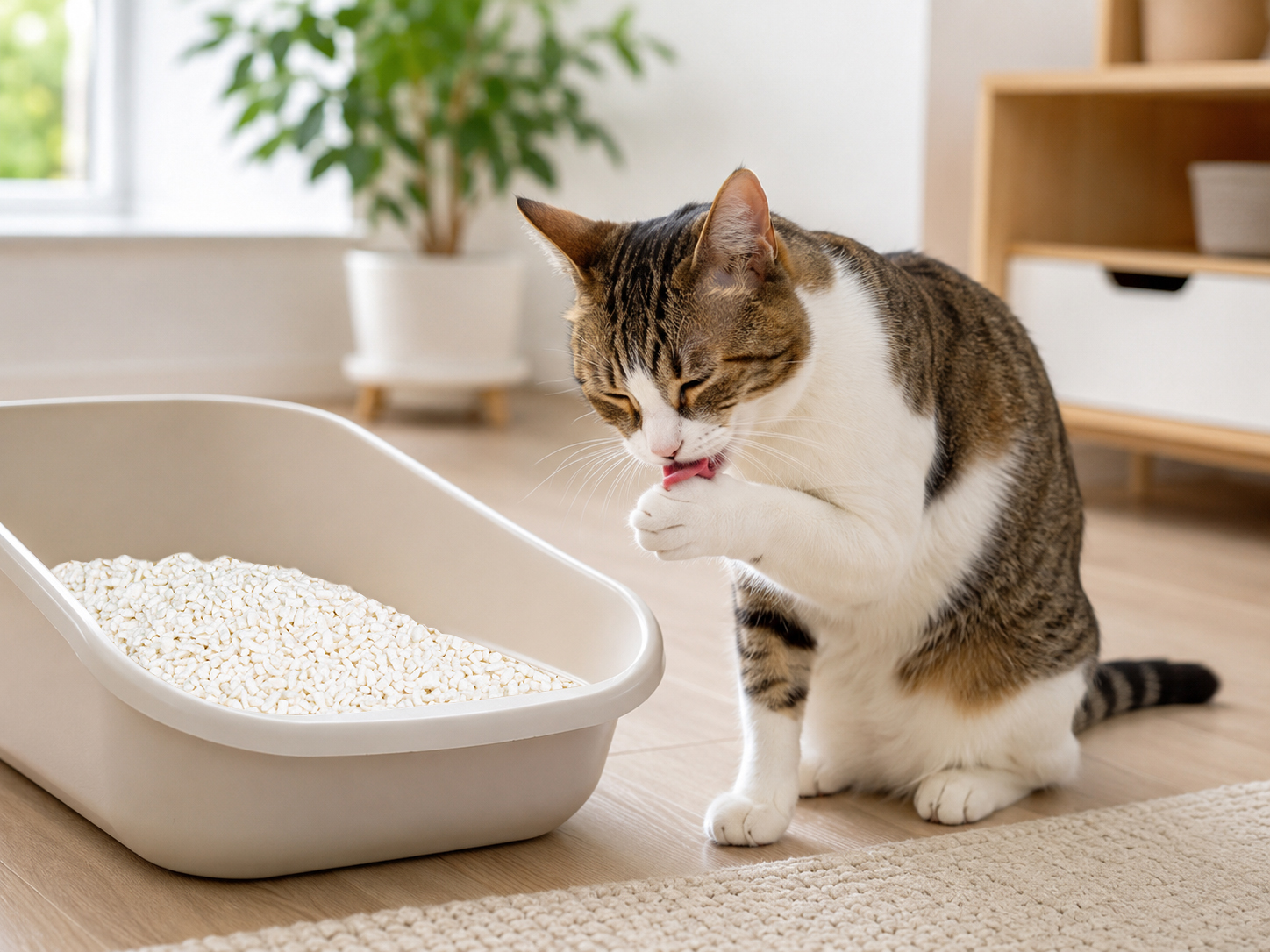 A cat licking its paws after using the litter box.